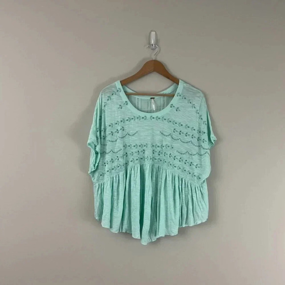 Free People Aqua Sheer Eyelet Relaxed Babydoll Top Size Small - Picture 1 of 6